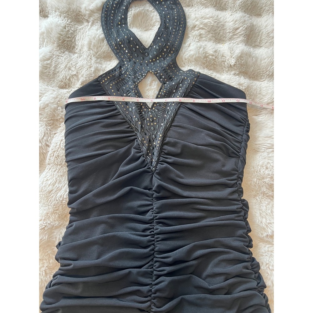 Crystal Doll Y2K Black Ruched Mini Dress with Rhinestone Halter Neckline Size S - Picture 4 of 8
